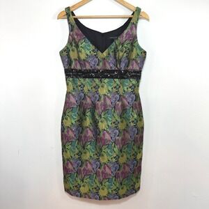 Carmen Marc Valvo Floral Brocade Cocktail Dress Sleeveless Sheath Sequin Glam 8